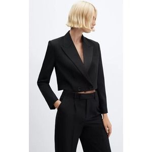 MANGO cropped Double-breasted Black Blazer Jacket sz XS